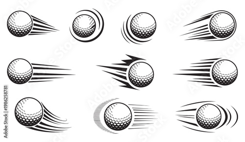 Set golf balls in motion with dynamic speed lines, black and white vector illustration, sport energy movement concept isolated design