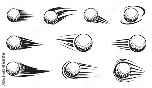 Set golf balls in motion with dynamic speed lines, black and white vector illustration, sport energy movement concept isolated design