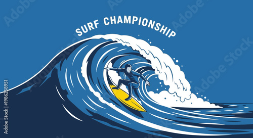 Thrilling Surf Championship Depiction Featuring A Surfer Amidst A Crashing Oceanic Wave