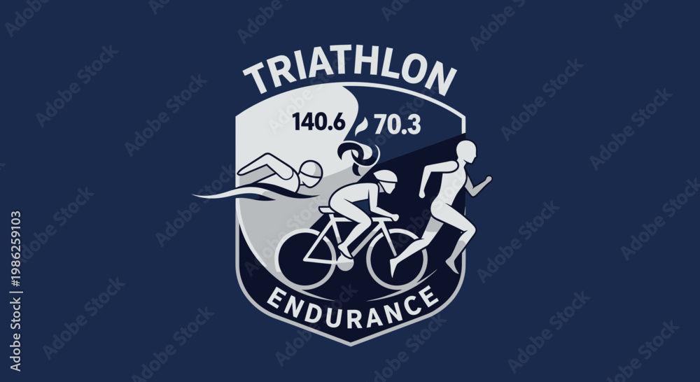 Obraz premium Tough Triathlon Competition Emblem in Monochrome, Featuring Swimmer, Cyclist, Runner