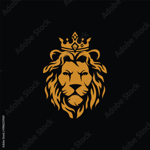 Majestic Lion Head Wearing Royal Crown Emblem.