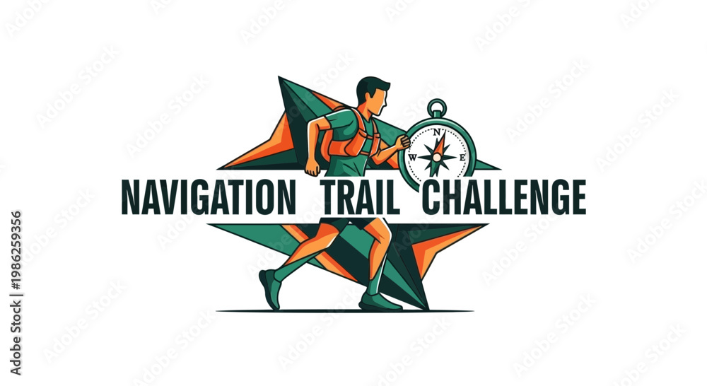 Fototapeta premium Trail Navigation Adventure Challenge Depicting a Runner Holding Compass Against Starburst