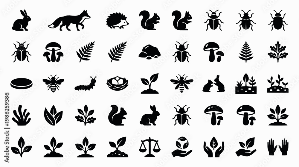 Fototapeta premium Silhouette icons of forest animals, insects, plants, and mushroo 