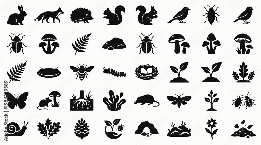 Fototapeta premium Silhouette icons of forest animals, insects, plants, and mushroo 
