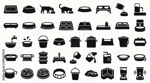 Water Trough Icons. Watering trough. Line icon set of watering trough: rectangular trough, round trough, animal drinking, metal trough, wooden trough, water