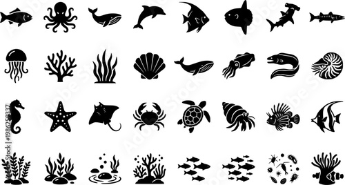 Marine life icons: fish, octopus, whale, dolphin, jellyfish, sea
