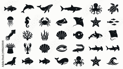 Marine life icons: fish, octopus, whale, dolphin, jellyfish, sea
