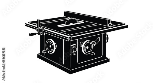 Black and white illustration of a table saw woodworking machine