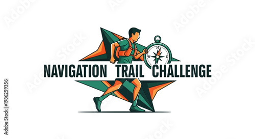 Trail Navigation Adventure Challenge Depicting a Runner Holding Compass Against Starburst