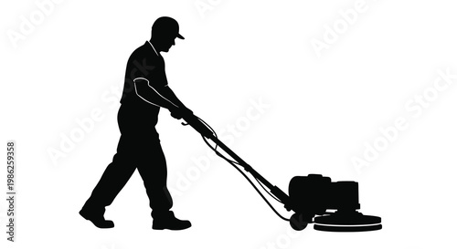 Silhouette of a worker operating a floor polishing machine
