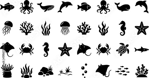 Marine life icons: fish, octopus, whale, dolphin, jellyfish, sea
