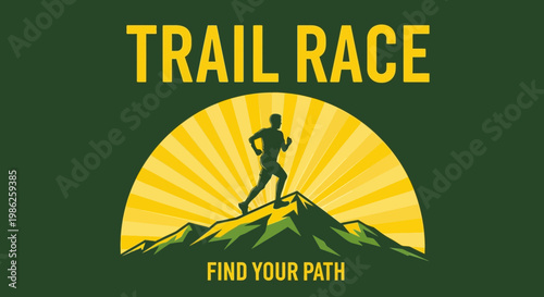 Trail Race Silhouette Running Across Mountains with Sunshine Illustration Background