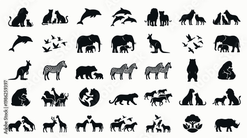 Wildlife and nature silhouette icons set – solid, animal, fauna symbols

