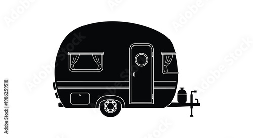 Black and white illustration of a vintage teardrop camper trailer