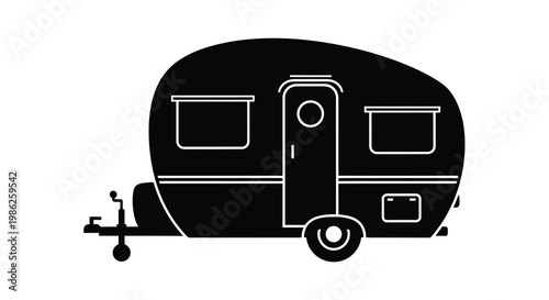 Simple black and white illustration of a vintage camper trailer