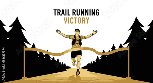 Trail Runner Celebrates Victory at Finish Line, Embracing Triumph in Forest Setting