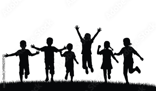 A group of children joyfully running and playing together in a field of grass captured as a striking silhouette high quality professional detailed modern