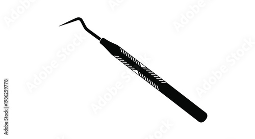 Dental instrument A black sickle probe against a white background