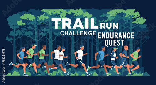 Trail Running Endurance Challenge Illustration Depicting Runners In Forest Environment