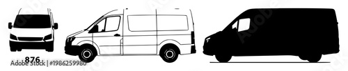 Van set with solid black icon on white background featuring fleet management, transportation, vehicle icons with commercial vans and logistics