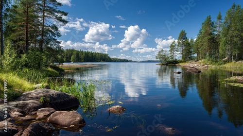 Tranquil lake landscape with reflections of sky and trees under a clear sky