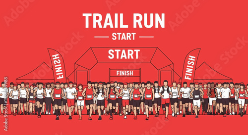 Trail Running Event Depicted With Athletes Starting The Race With Determination
