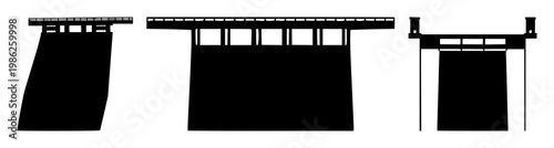 Hydroelectric power dam icon set with solid black silhouette on white background featuring icons, energy, renewable, engineering with power and electricity