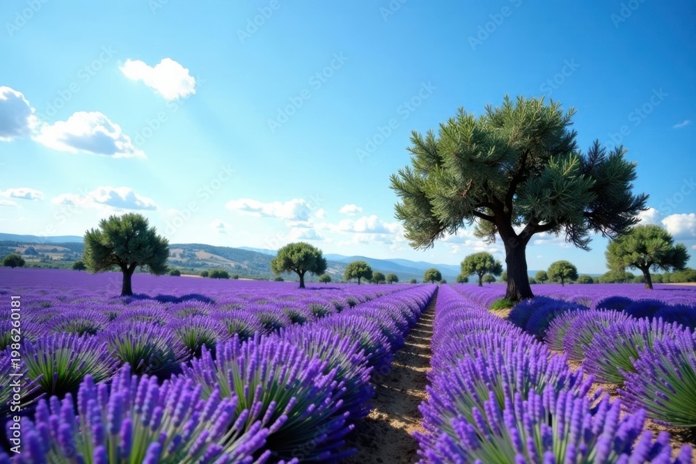 Fototapeta premium Ancient olive trees dot a vast lavender expanse under a bright Proven?al sky , travel, farm