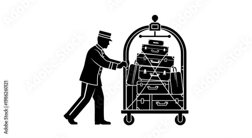 A detailed black and white illustration depicts a bellhop with a fully loaded luggage cart showcasing travel and hospitality services silhouette high quality professional