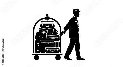 A striking black and white image features a bellhop with a heavily laden luggage cart showcasing classic hospitality services silhouette high quality professional detailed