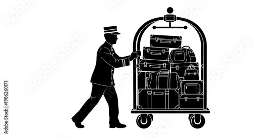 A striking black and white image depicts a bellhop pushing a fully loaded luggage cart showcasing classic hospitality service silhouette high quality professional detailed