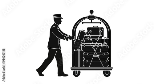 A detailed illustration depicts a bellhop carrying a heavily loaded luggage cart showcasing classic hospitality services a striking silhouette high quality professional modern elegant