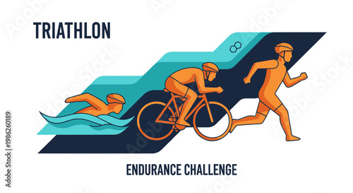 Triathlon Athletes Competing In Swimming, Cycling, And Running Endurance Challenge Illustration