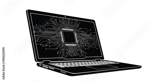 Black and white illustration of a laptop with circuit board details