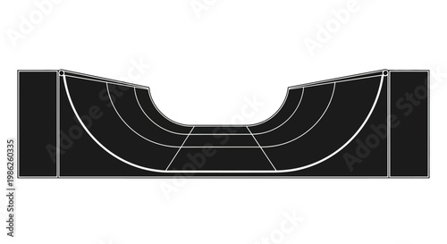A minimalist black and white illustration depicts a curved skatepark ramp design captured as a striking silhouette high quality professional detailed modern elegant stylish