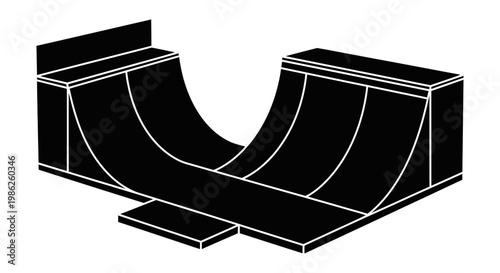 A stark black outline depicts a miniature skatepark with two quarter pipes and a flat platform showcasing a minimalist silhouette high quality professional detailed