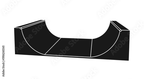 A minimalist black and white illustration depicts a skatepark ramp showcasing its curved design and geometric shape a stark silhouette high quality professional detailed