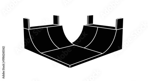 A minimalist depiction of a black skatepark ramp featuring a halfpipe and quarterpipe design presented as a silhouette high quality professional detailed modern elegant