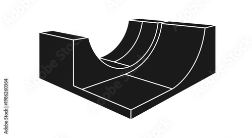 A stark black outline depicts a modern skatepark ramp structure showcasing its geometric form and curves a bold silhouette high quality professional detailed elegant