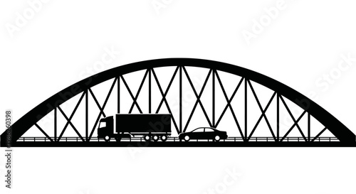 A stark black silhouette depicts a large transport truck and a compact car traversing a striking arched bridge structure silhouette high quality professional detailed