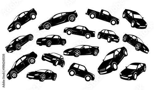 Car types silhouette icons set with various automobile models in dynamic layout minimal vector isolated on white