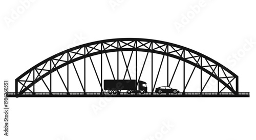 A striking black graphic depicts a large arched bridge with a truck and car traveling across rendered as a silhouette high quality professional detailed