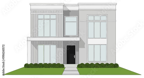 Modern two-story house in gray with white trim and black door in clean minimalist style with natural daylight for real estate