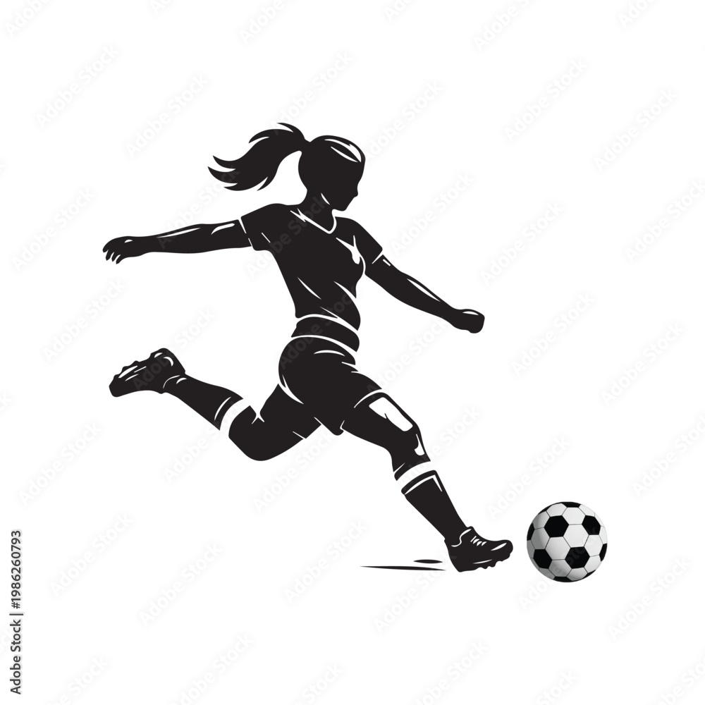 Fototapeta premium Female Dynamic Football Kick Black and White Vector