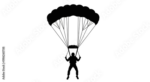 A stark black silhouette depicts a skydiver suspended in mid air with a fully deployed parachute against a white background silhouette high quality professional