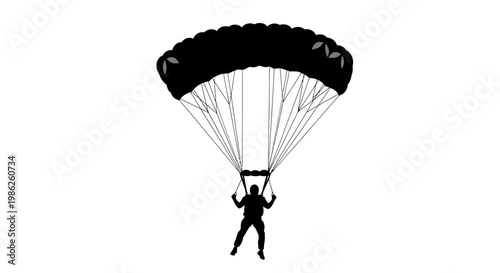 A striking image depicts a skydiver descending with a fully deployed parachute against a plain background showcasing a dramatic silhouette high quality professional detailed