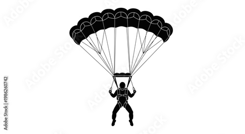 A striking black and white depiction showcases a skydiver descending with a fully deployed parachute against a plain background a distinct silhouette high quality