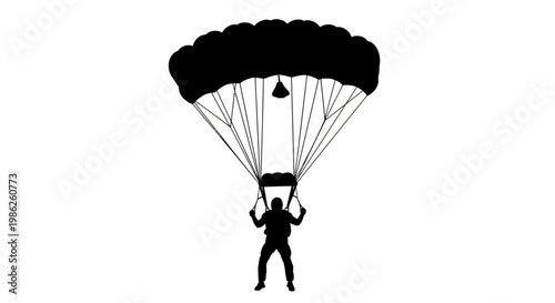 A stark black silhouette depicts a skydiver gracefully descending with a fully open parachute against a bright background silhouette high quality professional detailed modern