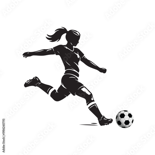Female Dynamic Football Kick Black and White Vector