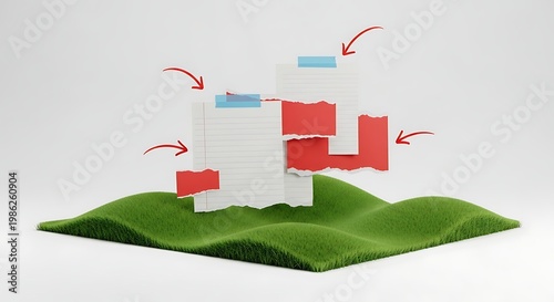 Creative project management or planning concept with torn paper and sticky notes over a miniature lawn.